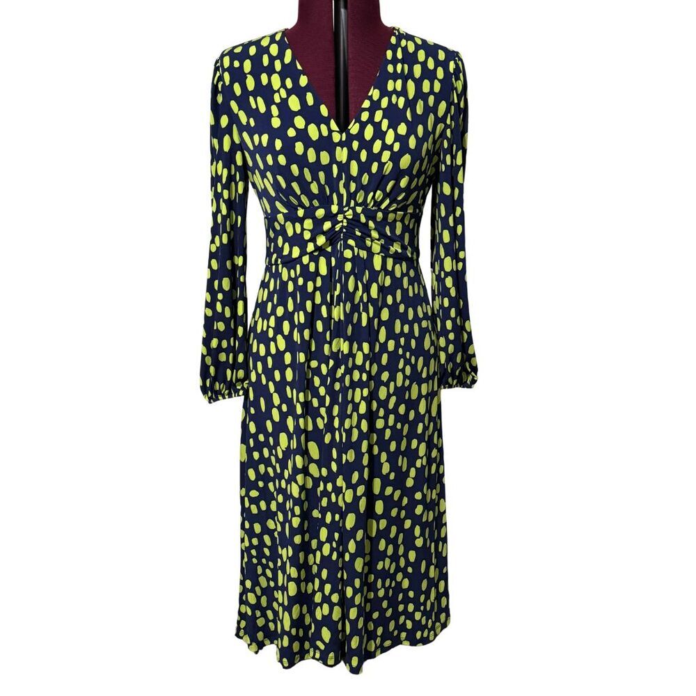MAGGY LONDON Elorin Midi Dress 6 Navy Green Bishop Sleeve Ruched NWT